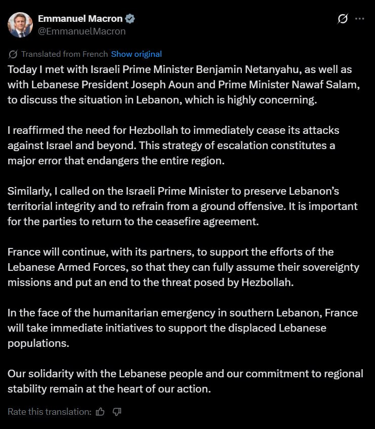 France made calls to Lebanon and Israel over rising tensions